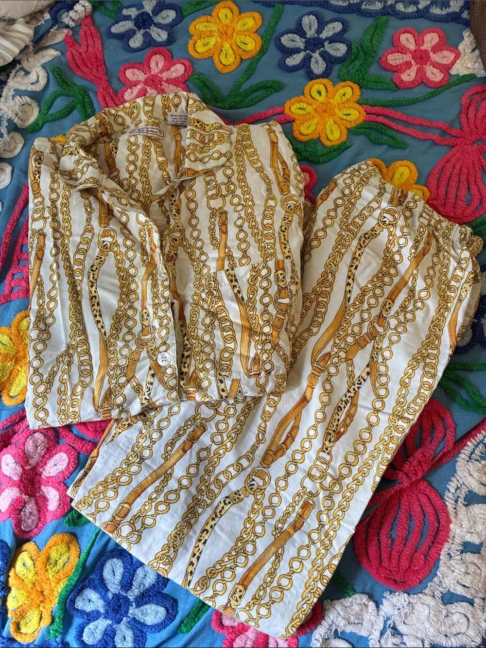 PJ Salvage Gold Chain Print Button-Up Top & Pants PJ Set - White/Gold
